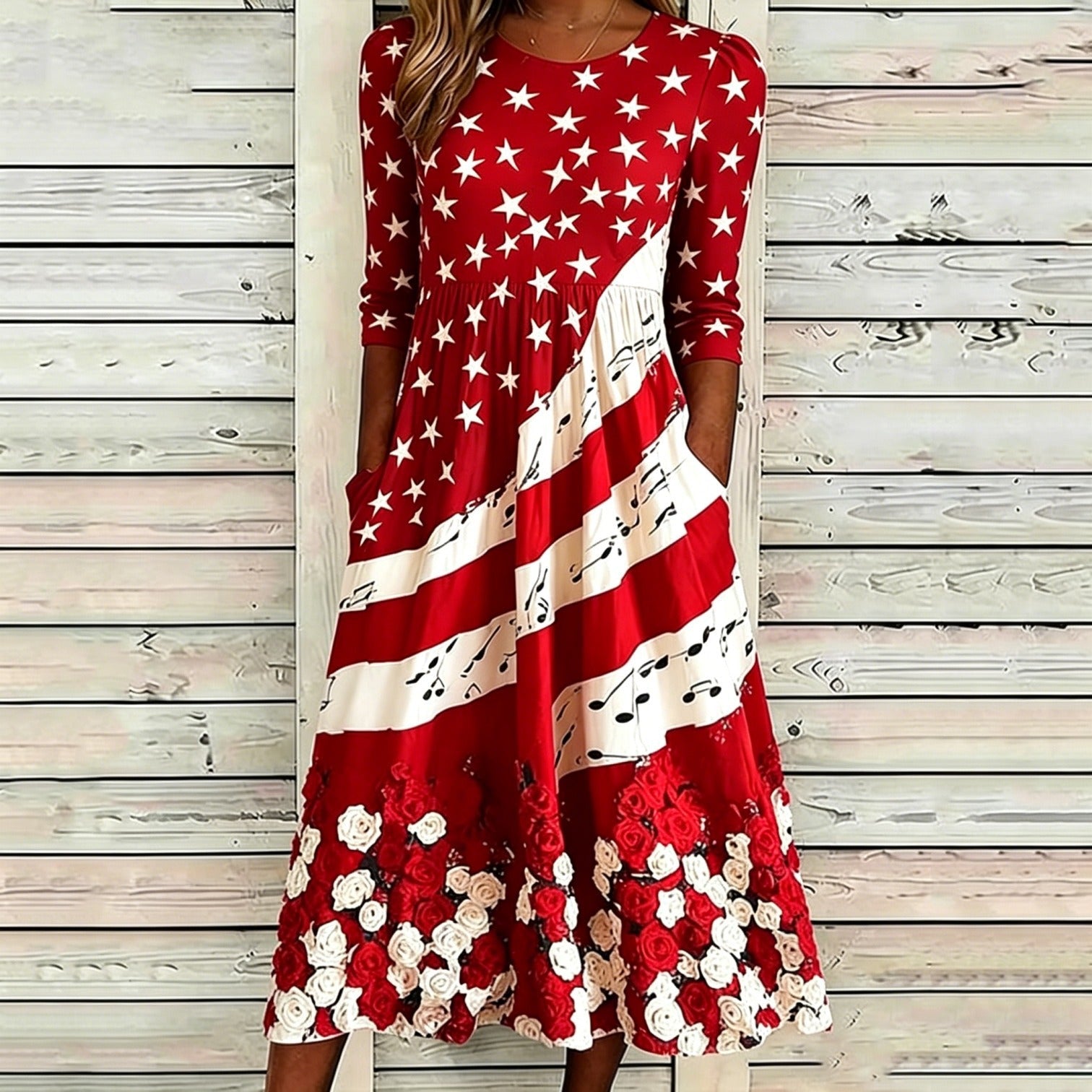 Loose-Fit Round-Neck Dress with Mid-Length Sleeves and Side Pockets