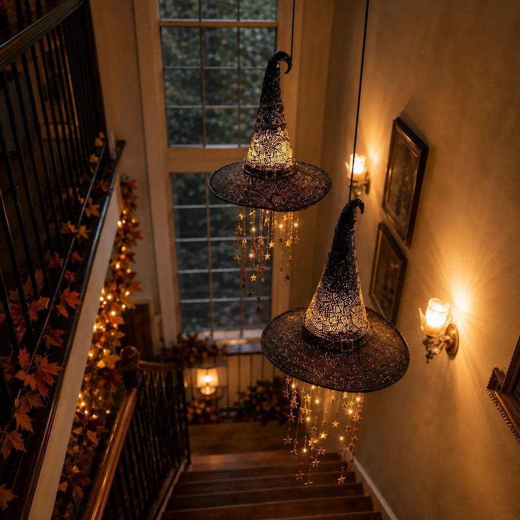 Lighted Witch Hat Hanging Star Chime — Halloween LED Decor