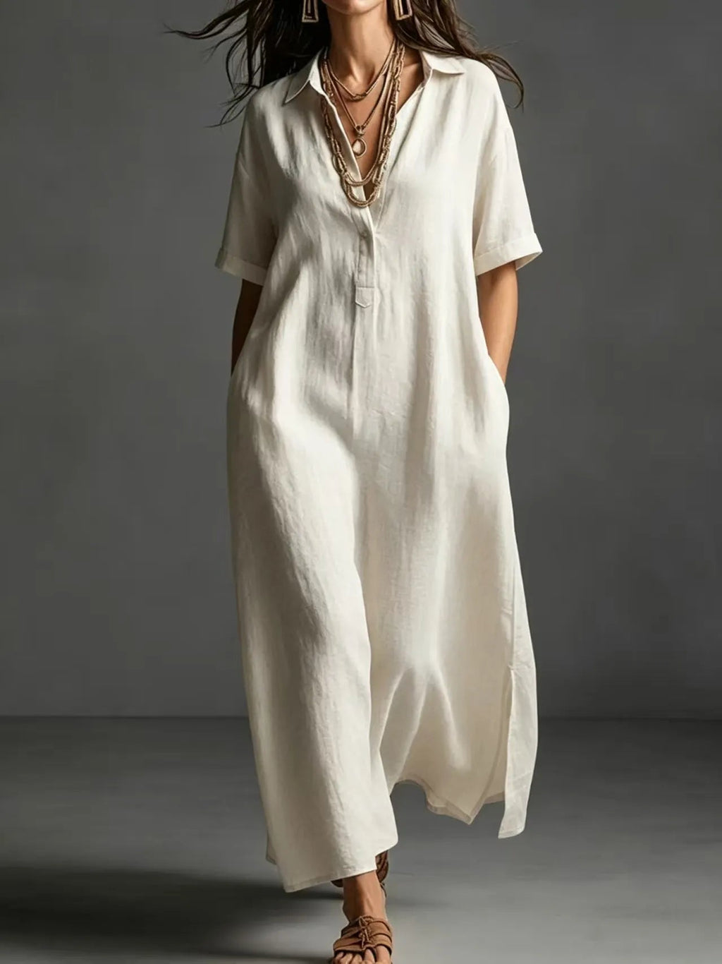 Minimalist Textured Cotton Linen Shirt Dress Ladies Half Button V Neck Pocket Summer Vacation Maxi Gown