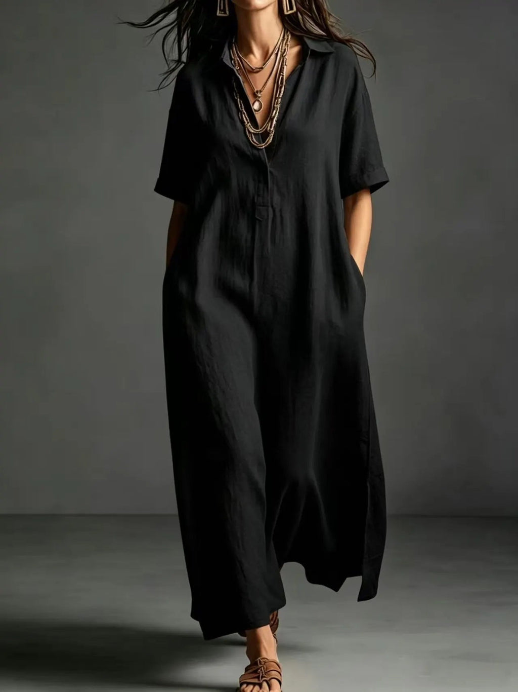 Minimalist Textured Cotton Linen Shirt Dress Ladies Half Button V Neck Pocket Summer Vacation Maxi Gown