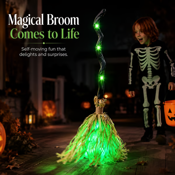 🧹 Animated Moving Witch Broom — 👻 Spooky Light, Sound & Motion Halloween Party Prop 🎃