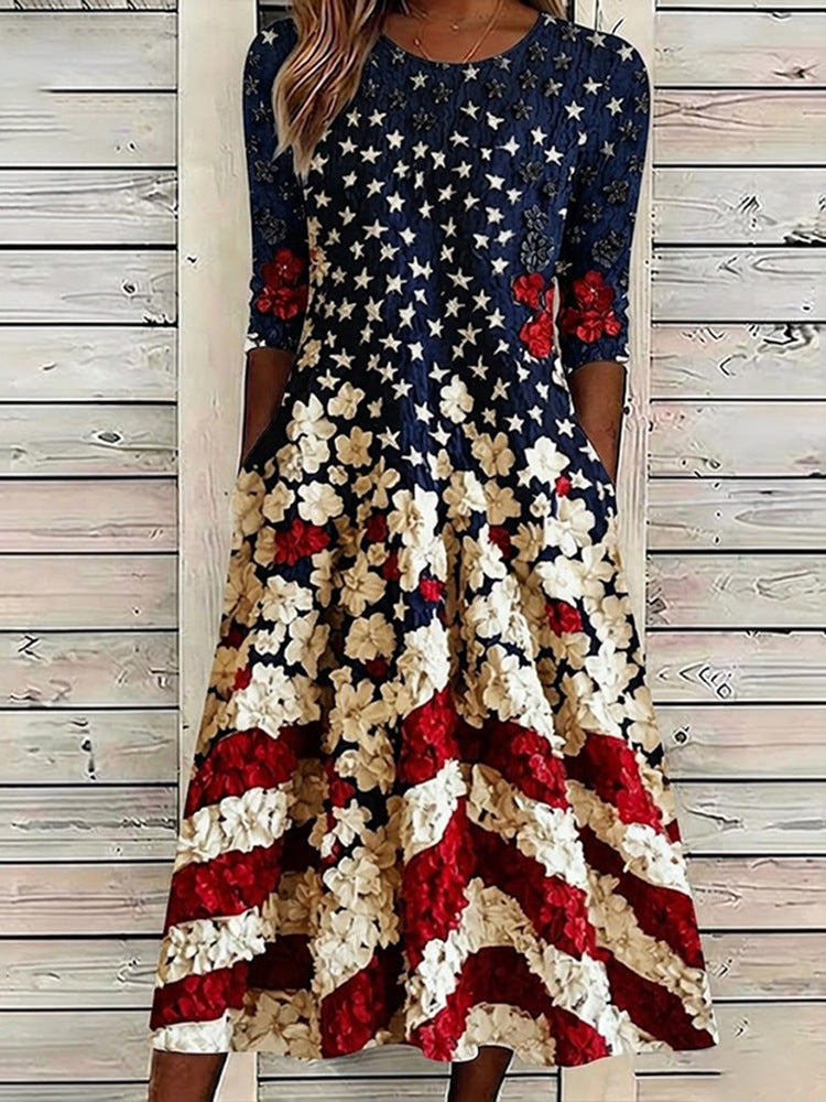 Loose-Fit Round-Neck Dress with Mid-Length Sleeves and Side Pockets
