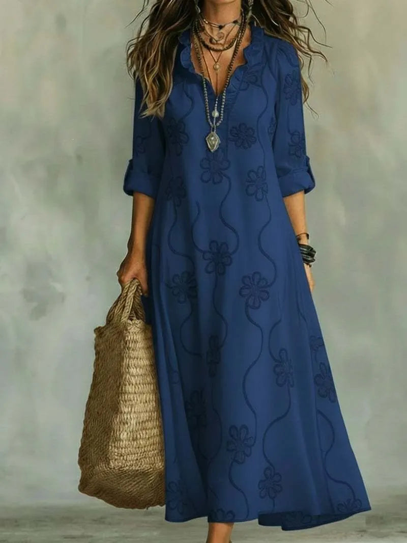 Women Ruffle V Neck Floral Embroidery Maxi Dress Roll Tab 3/4 Sleeve Loose Boho Vacation Long Dress
