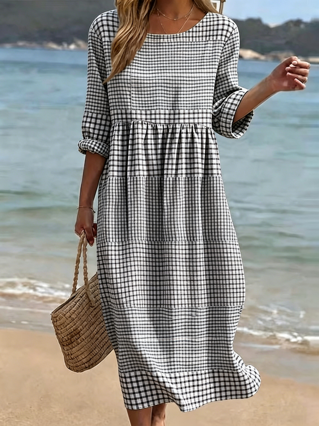 New Arrivals🔥 Women's Casual Round Neck Mid Sleeve Print Cotton and Linen Dress- Fast Shipping